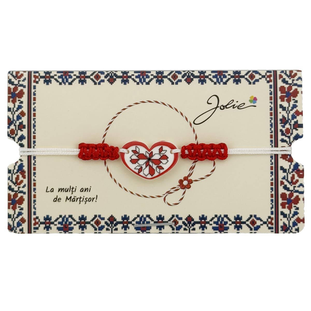 Martisor Traditional Bratara Norocoasa, Jolie, Model Inima, Bratara Martisor pentru Copii, din Plastic/Textil, Snur Alb/Rosu