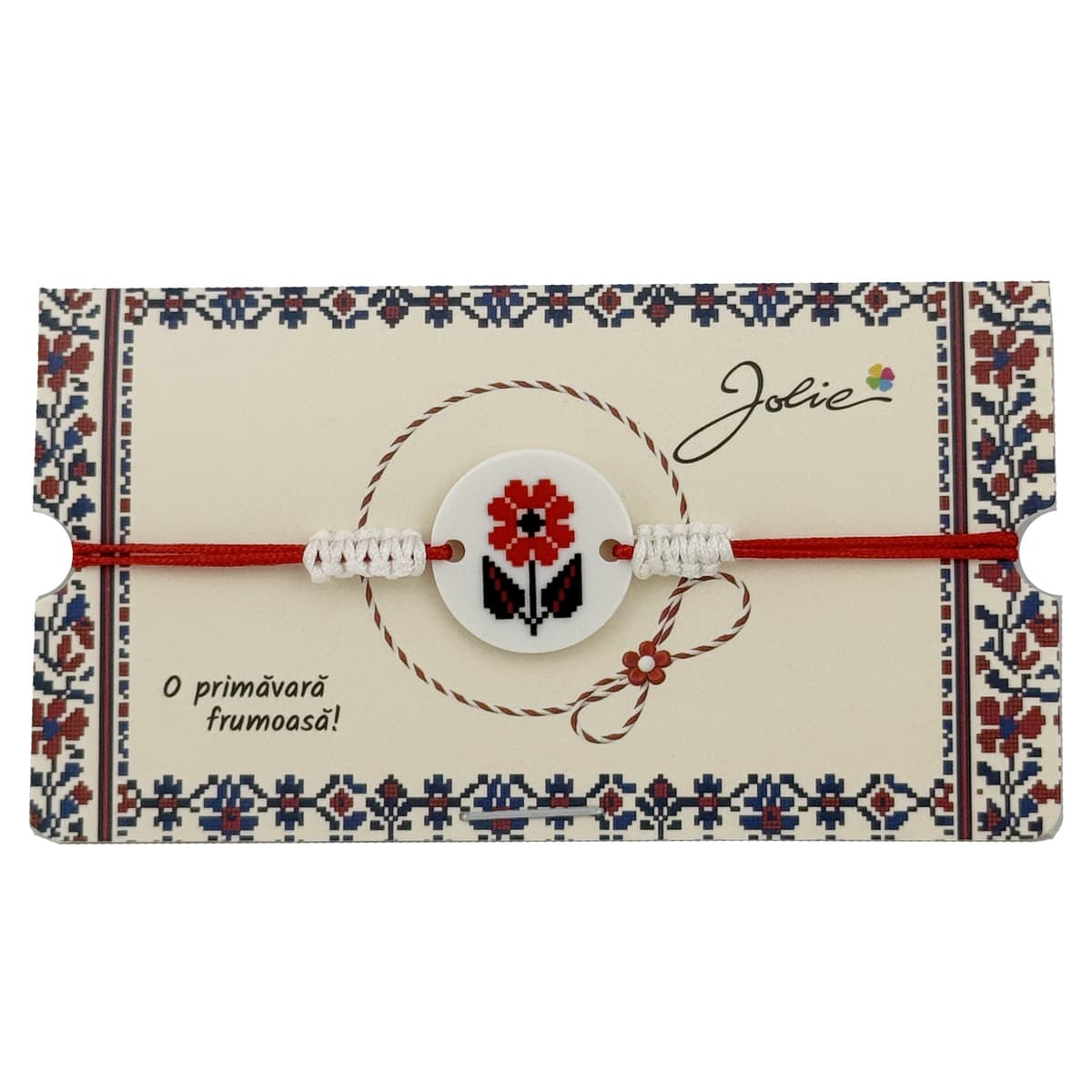 Martisor Traditional Bratara Norocoasa, Jolie, Model Rotund Floare, Bratara Martisor pentru Copii, din Plastic/Textil, Snur Rosu/Alb