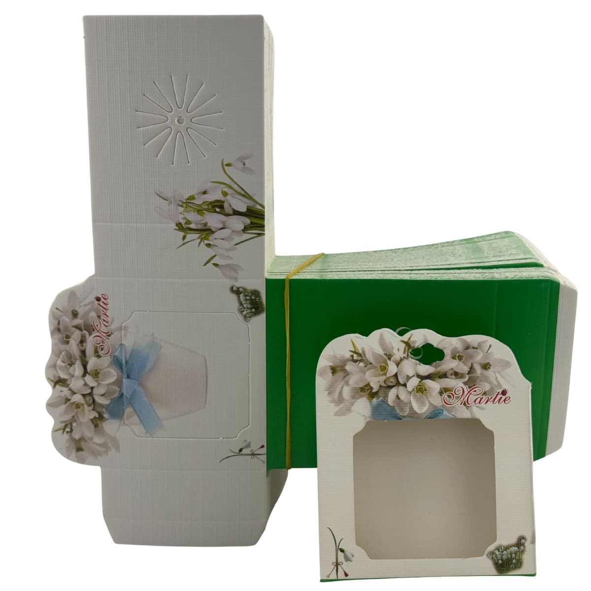 Set 100 Bucati Ambalaje de Carton pentru Martisoare, Flippy, Cutii Brosa, Model Ghiveci cu Ghiocei, Alb-Verde