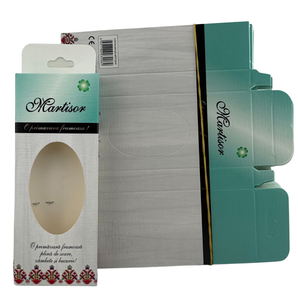 Set 100 Bucati Ambalaje de Carton pentru Martisoare, Flippy, Cutii Brosa, Model cu Motive Populare, Verde
