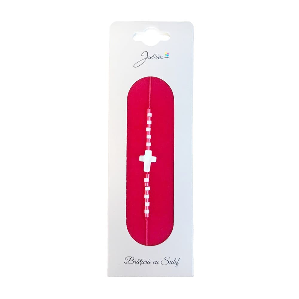 Martisor Bratara cu Sidef, Jolie, Model Cruce, cu Snur Rosu, Margele Alb/Rosu, Ambalaj de Carton
