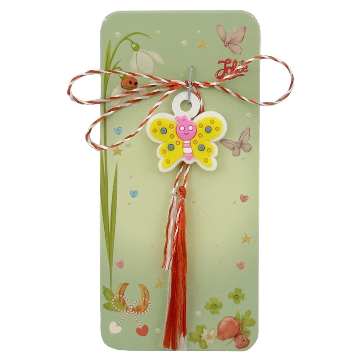 Martisor pentru Copii, Jolie, Model FLUTURE, din Cauciuc, cu Snur Impletit Alb/Rosu, Ambalaj Carton cu Design, Alb/Galben