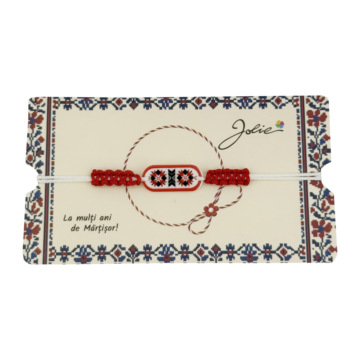 Martisor de Tip Bratara Norocoasa, Jolie, Ornament Central cu Motive Populare, Model Rosu, Dimensiune Reglabila, Ambalaj Individual cu Design