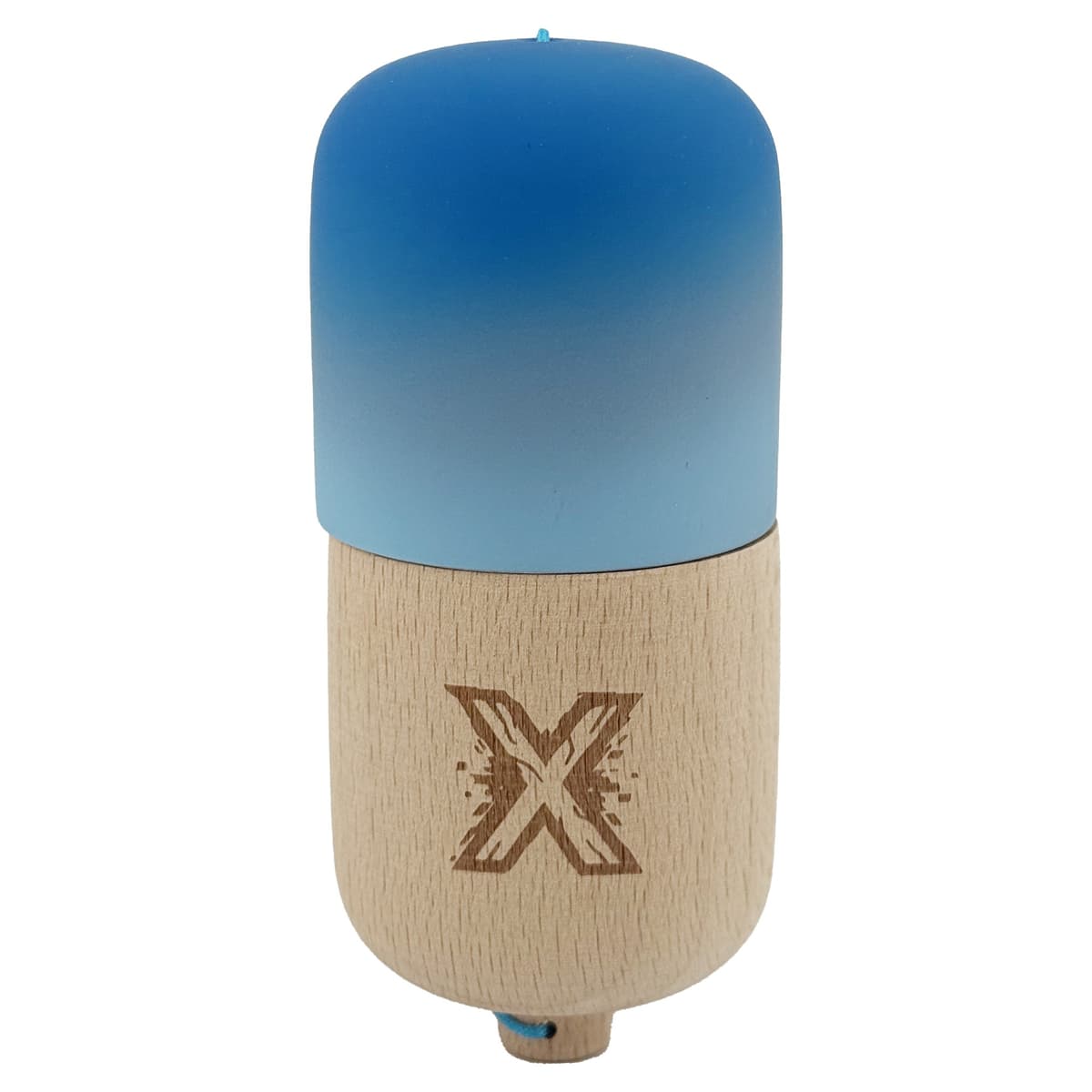 Kendama Pill X Originala, Flippy, Profesionala Model Rubber Grip Pilula, din Lemn, Varsta 9+, Ata 62/65 cm, 11 x 5 x 5 cm, Gradient Albastru/Albastru deschis