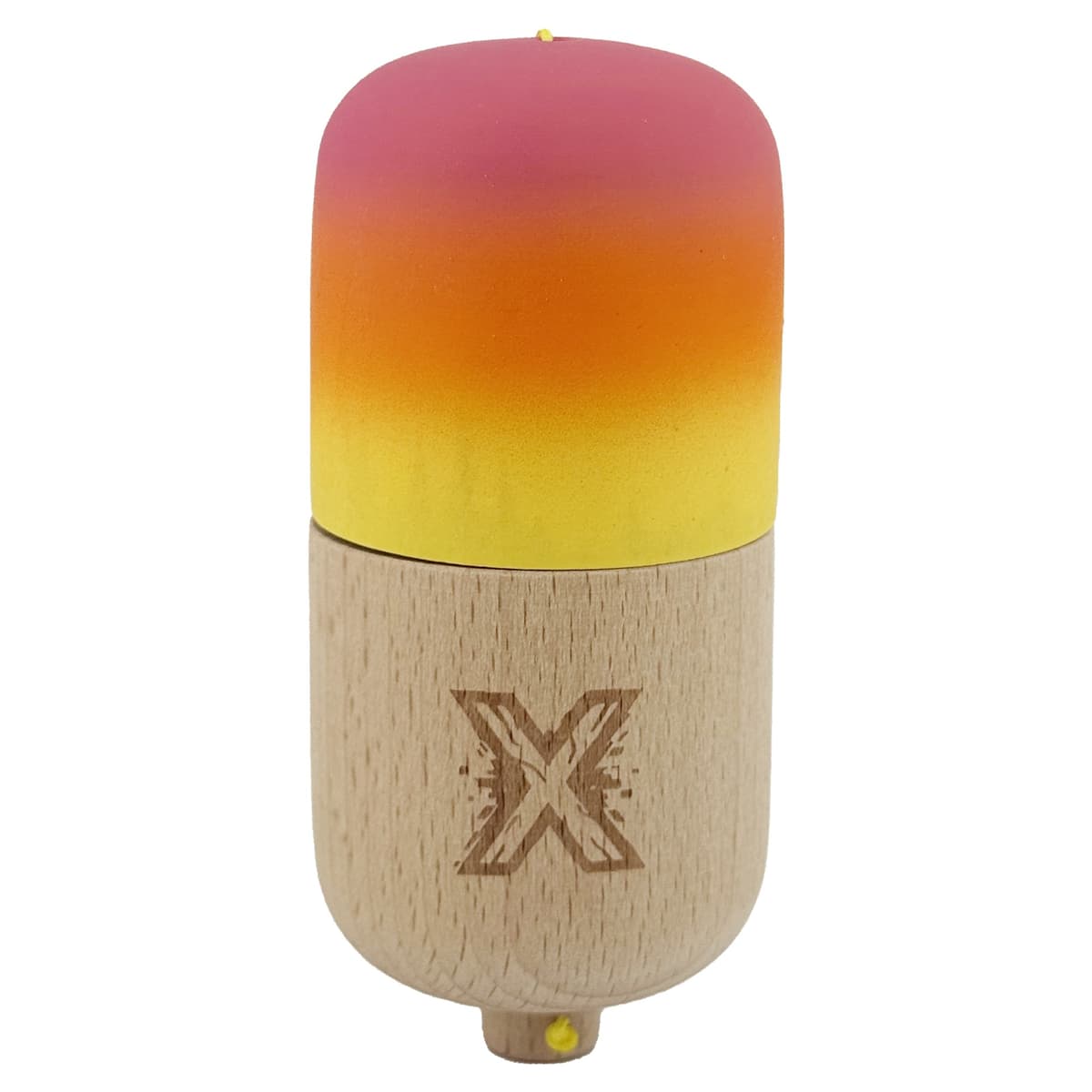 Kendama Pill X Originala, Flippy, Profesionala Model Rubber Grip Pilula, din Lemn, Varsta 9+, Ata 62/65 cm, 11 x 5 x 5 cm, Gradient Roz/Portocaliu/Galben
