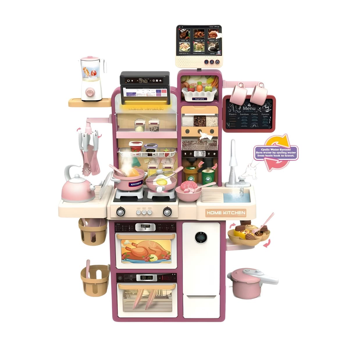 Bucatarie pentru Copii, Flippy, Jucarie Montessori, din Plastic Rezistent, Set de Joaca Educativ cu Electrocasnice, Ustensile, Alimente, Accesorii pentru Gatit, 68 x 23 x 93 cm, Alb/Mov