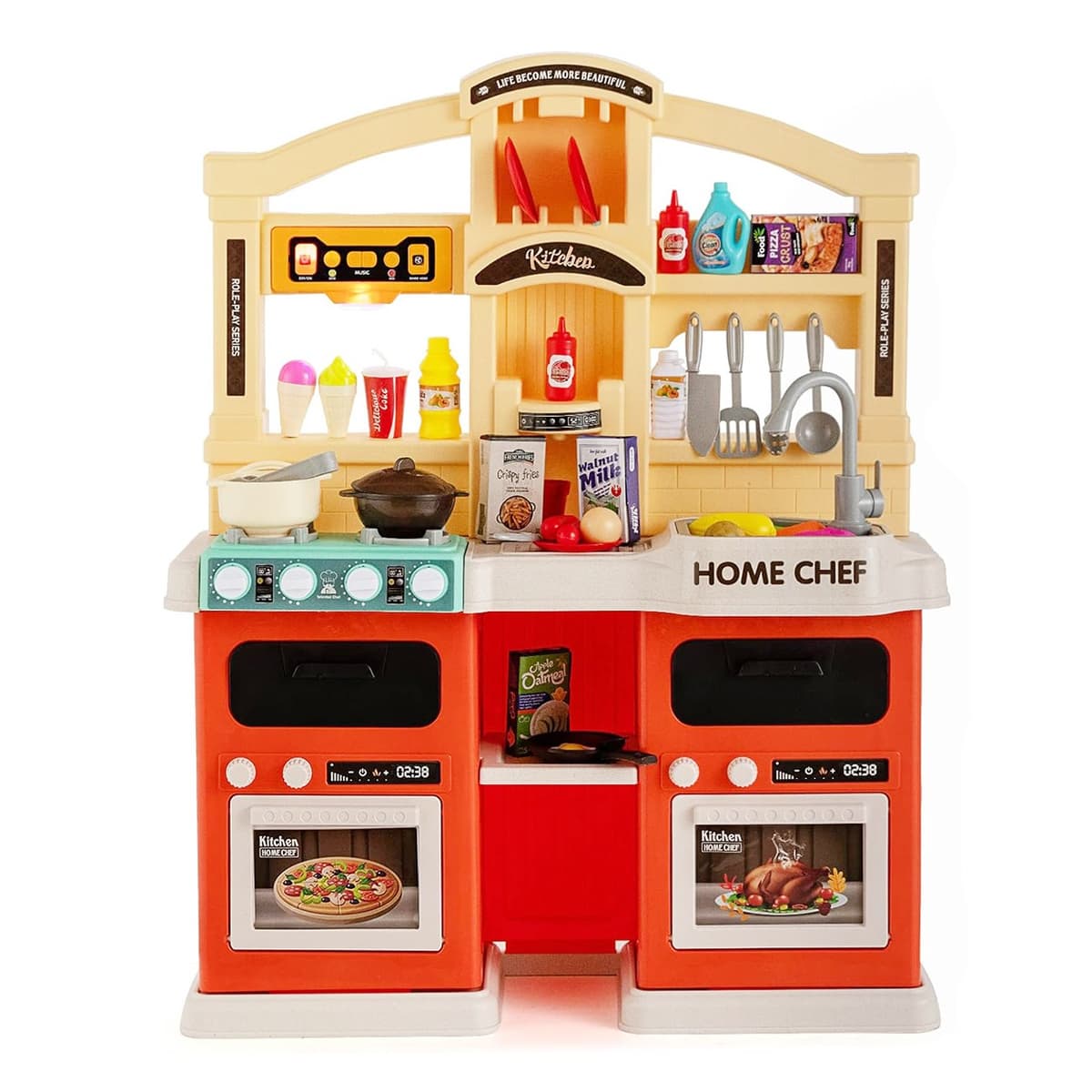 Bucatarie Multifunctionala pentru Copii Modern Kitchen Home Chef, Flippy, cu Lumini si Sunete Realiste, Aburi, Robinet cu Circuit de Apa, Efect Fierbere, 77 Piese, 83 x 66 x 24 cm, 3 Ani+, Portocaliu