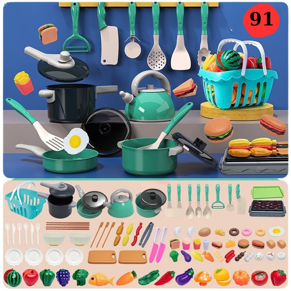Set Accesorii de Bucatarie pentru Copii, Flippy, Multifunctionala, 91 piese, Mancare de Jucarie, Ustensile, Cos cumparaturi, Invatare prin joaca, Montessori, 3+ ani, Multicolor