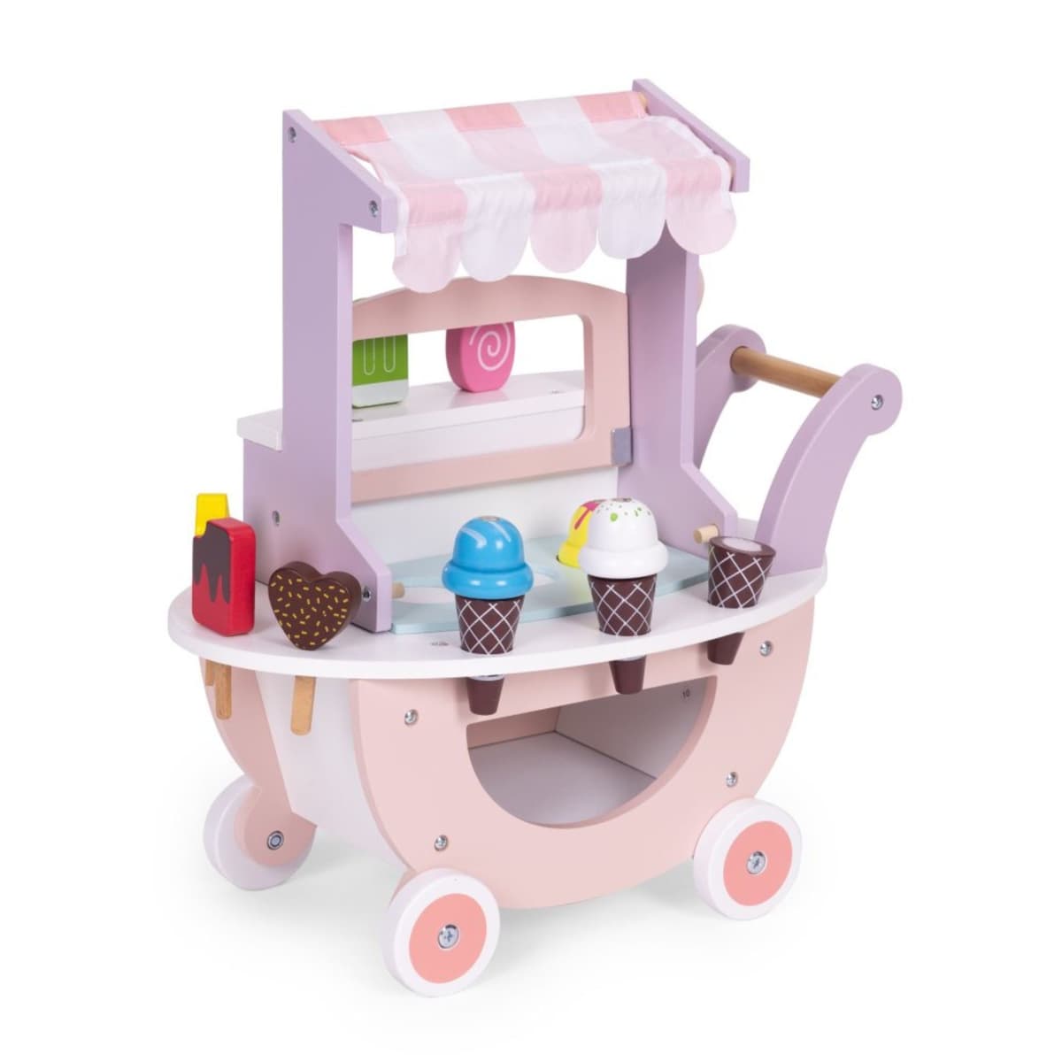 Carucior cu Inghetata pentru Copii, Flippy, din Lemn, Magnetic, Joc de Rol Montessori, cu Depozitare si Roti, 41x19x44 cm, Roz