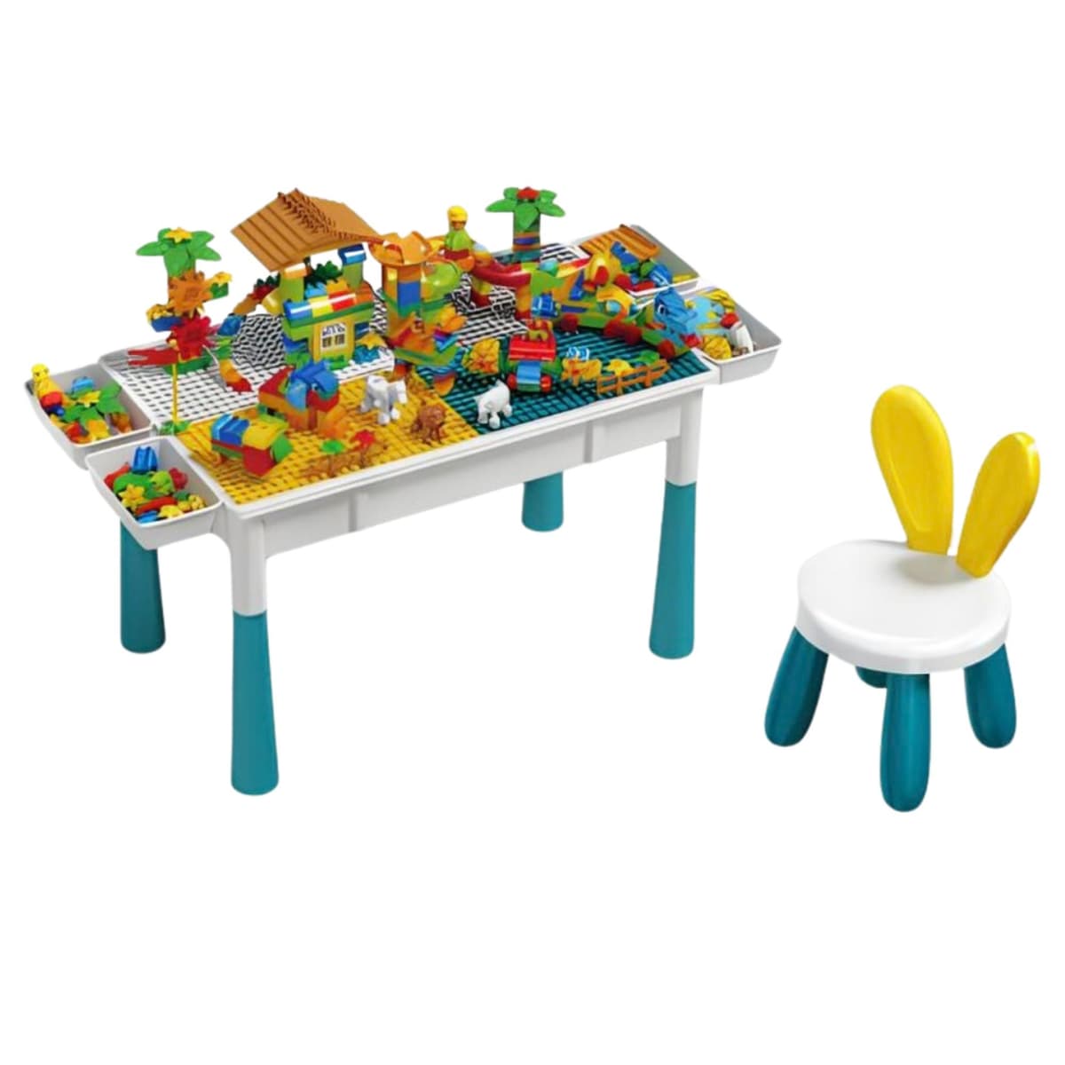 Masuta Multifunctionala, Flippy, Educativa pentru Copii, Scaunel Bunny, Blat Reversibil, Compatibila cu Piese mari tip LEGO Duplo, 4 cutii depozitare, Set 156 piese, 3+Ani, Multicolor
