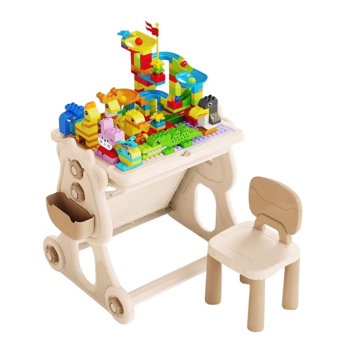 Masa Educativa pentru Copii, Flippy, Multifunctionala, cu Scaun, Compatibila cu Piese tip LEGO Duplo, 178 piese, Spatiu Depozitare, 3 + ani, Bej
