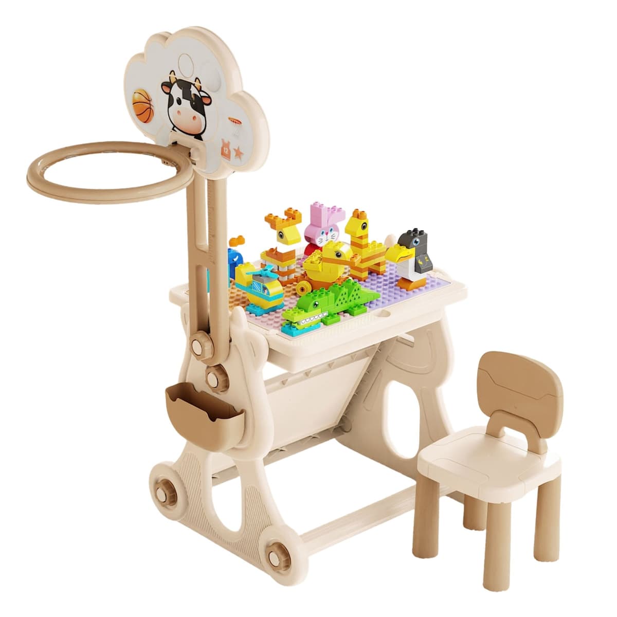 Masa Educativa pentru Copii, Flippy, Multifunctionala, Cos de Baschet, cu Scaun, Compatibila cu Piese tip LEGO Duplo, 178 piese, Spatiu Depozitare, 3 + ani, Bej