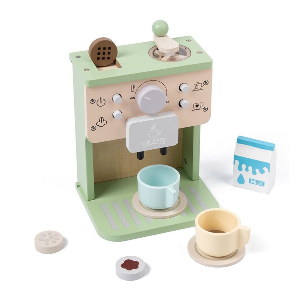 Aparat de Cafea pentru Copii, Flippy, Espressor de Cafea pentru Copii, Jucarie din Lemn, Set Barista din 10 Piese, 15 x 12.2 x 21.5 cm, Verde/Bej