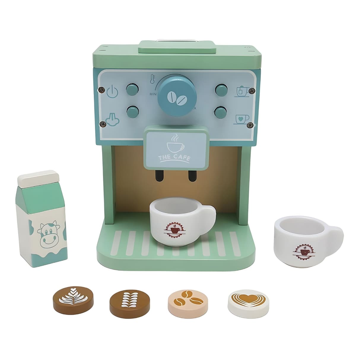 Aparat de Cafea pentru Copii, Flippy, Espressor de Cafea pentru Copii, Jucarie din Lemn, Set Barista din 10 Piese, 15 x 12.2 x 21.5 cm, Verde/Albastru