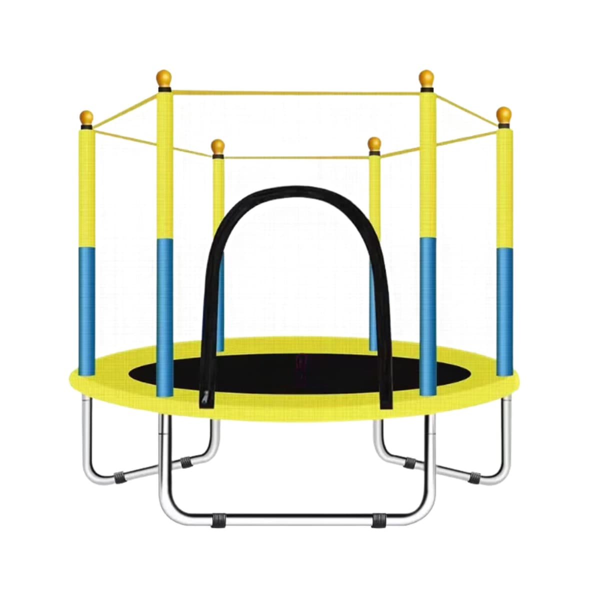 Trambulina pentru Copii, Flippy, Trambulina de Gradina, cu Plasa de Protectie si Fermoar, Interior/Exterior, Sarcina Maxima 150 kg, 140 x 116 cm, Galben/Albastru