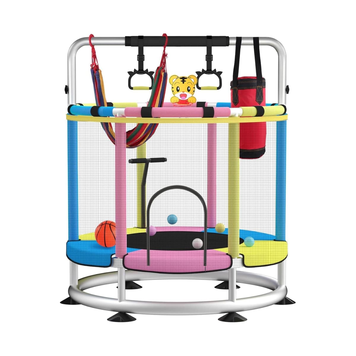 Trambulina pentru Copii, Flippy, pentru Gradina si Interior, cu Plasa de Siguranta si Fermoar, Sustinere din Otel Galvanizat, Bara de Gimnastica Reglabila, Sac de Box, Capacitate 200 kg, 140 cm, 3+ ani, Multicolor
