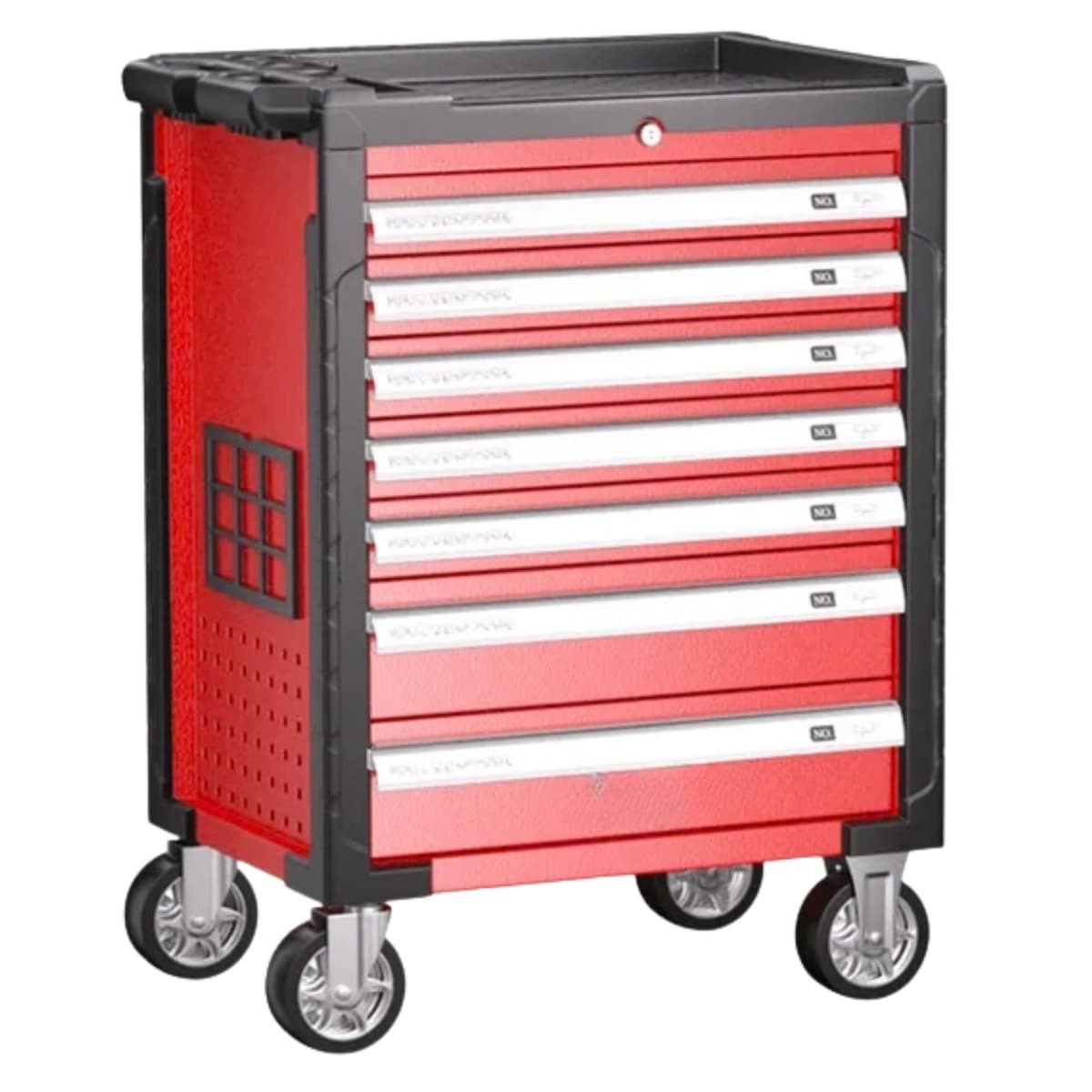 Dulap Mobil Pentru Scule, Flippy, Carucior Atelier Profesional, 7 Sertare, Roti cu Frana, Cu Lacat, Sistem Autoblocare Sertare, Blat Superior cu Organizator, Rosu/Negru