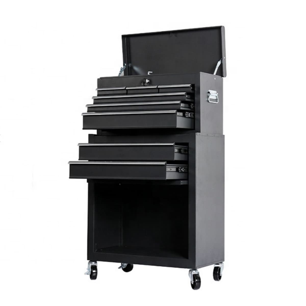 Dulap pentru scule 2 in 1, Flippy, Carucior Atelier pe Roti, 8 Sertare, Cutie Detasabila, cu Incuietoare, 61.8 x 33 x 107 cm, Negru