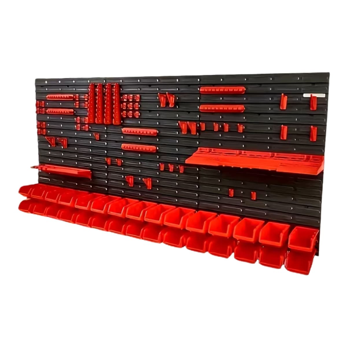 Organizator Scule Perete, Flippy, set 96 Piese, Panou Modular Multifunctional, Cutii pentru Suruburi si Piese mici, Rafturi, Suporturi si Carlige, Sistem Depozitare Unelte pentru Garaj/Atelier,172.8 X 78 cm, Negru/Rosu