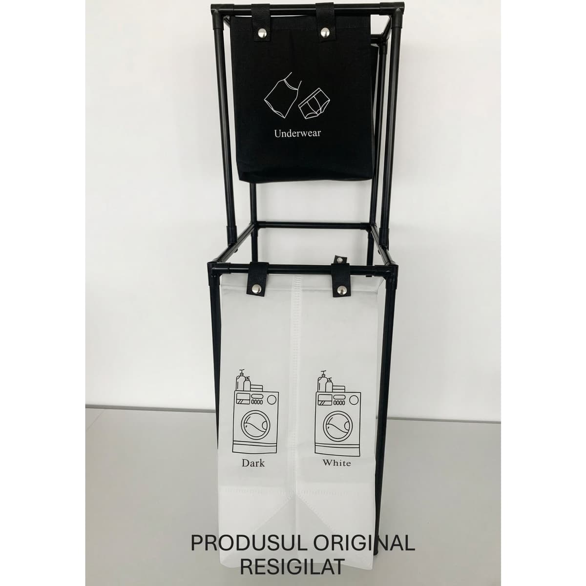 RESIGILIAT - Cos de Rufe, Flippy, cu 2 Etaje, 2 Cosuri, Cadru de Otel Inoxidabil, 97x44x31 cm, Negru