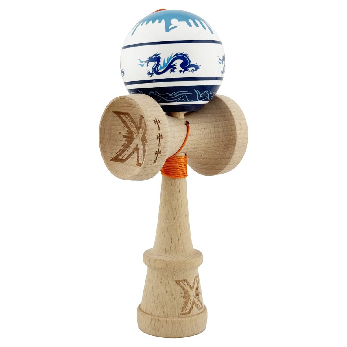 Kendama X Originala, Profesionala, Flippy, DRAGON Series, Super Sticky cu Cupe Mari King Size V3, Rulment Metalic si Gaura in Baza, din Lemn 18 cm, Ata 62/65 cm, Alb/Albastru inchis