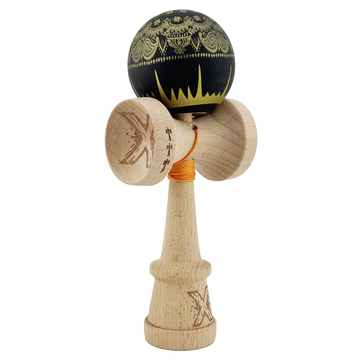 Kendama X Originala, Profesionala, Flippy, Legendary IMPERIAL, Super Sticky, Cupe Mari KING SIZE V3, Gaura in Baza, Rulment Metalic, din lemn 18 cm, Ata 62/65 cm, Negru/Auriu
