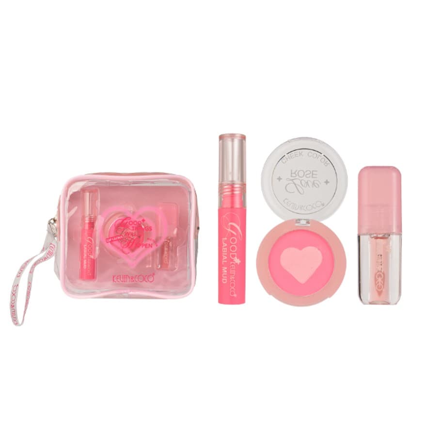 Set Machiaj Complet, Kevin&Coco, Trusa Machiaj Portabila, Mini Kit, 3 Articole Esentiale pentru Stralucire, Design Inima, Roz